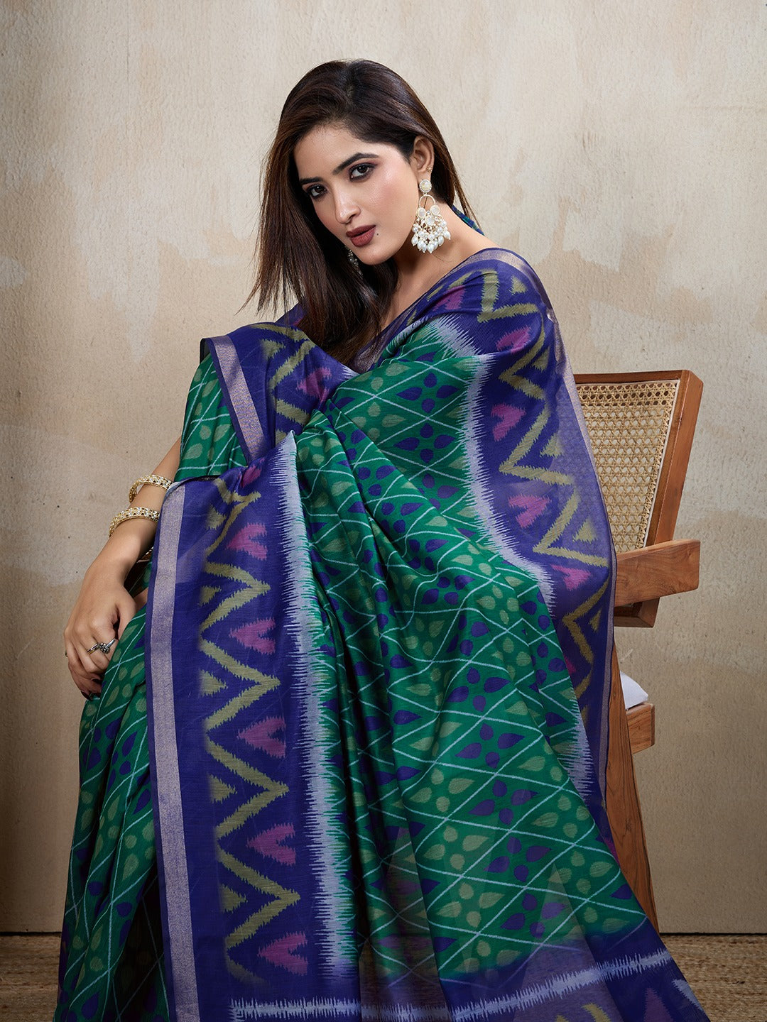 Blue & Green Ikat Printed Chanderi Saree
