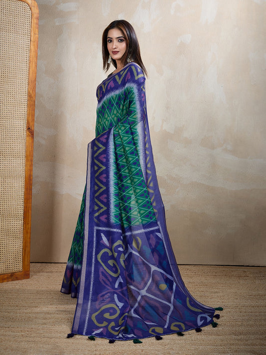 Blue & Green Ikat Printed Chanderi Saree