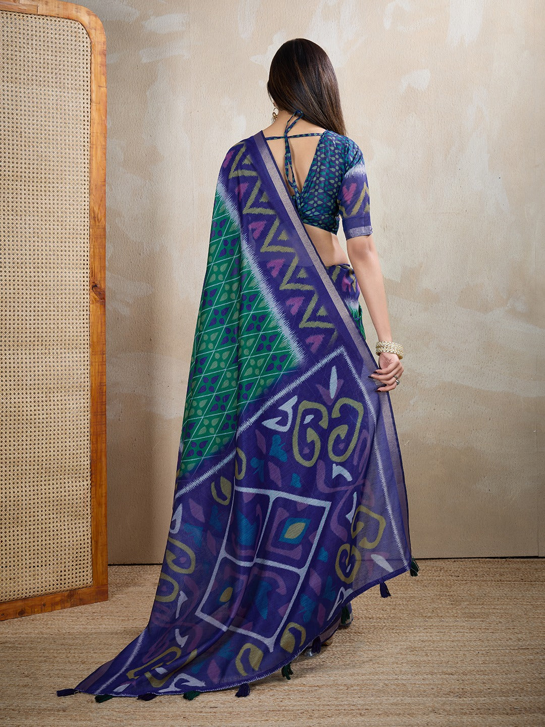 Blue & Green Ikat Printed Chanderi Saree