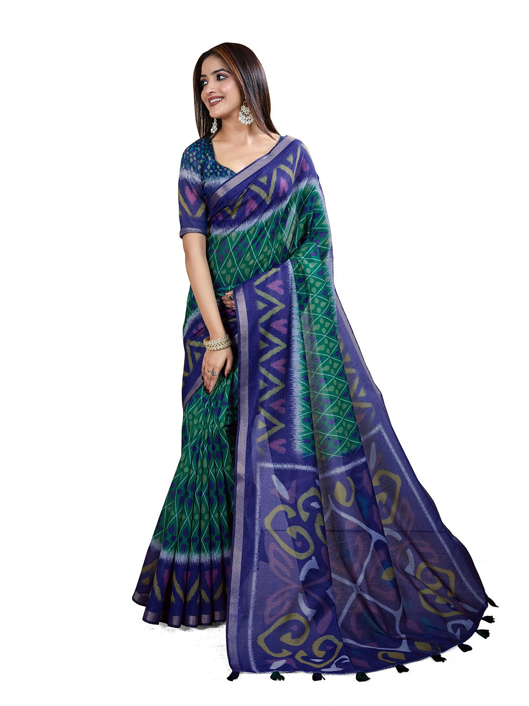 Blue & Green Ikat Printed Chanderi Saree