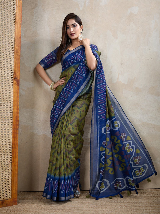 Olive Green & Blue Ikat Printed Chanderi Saree