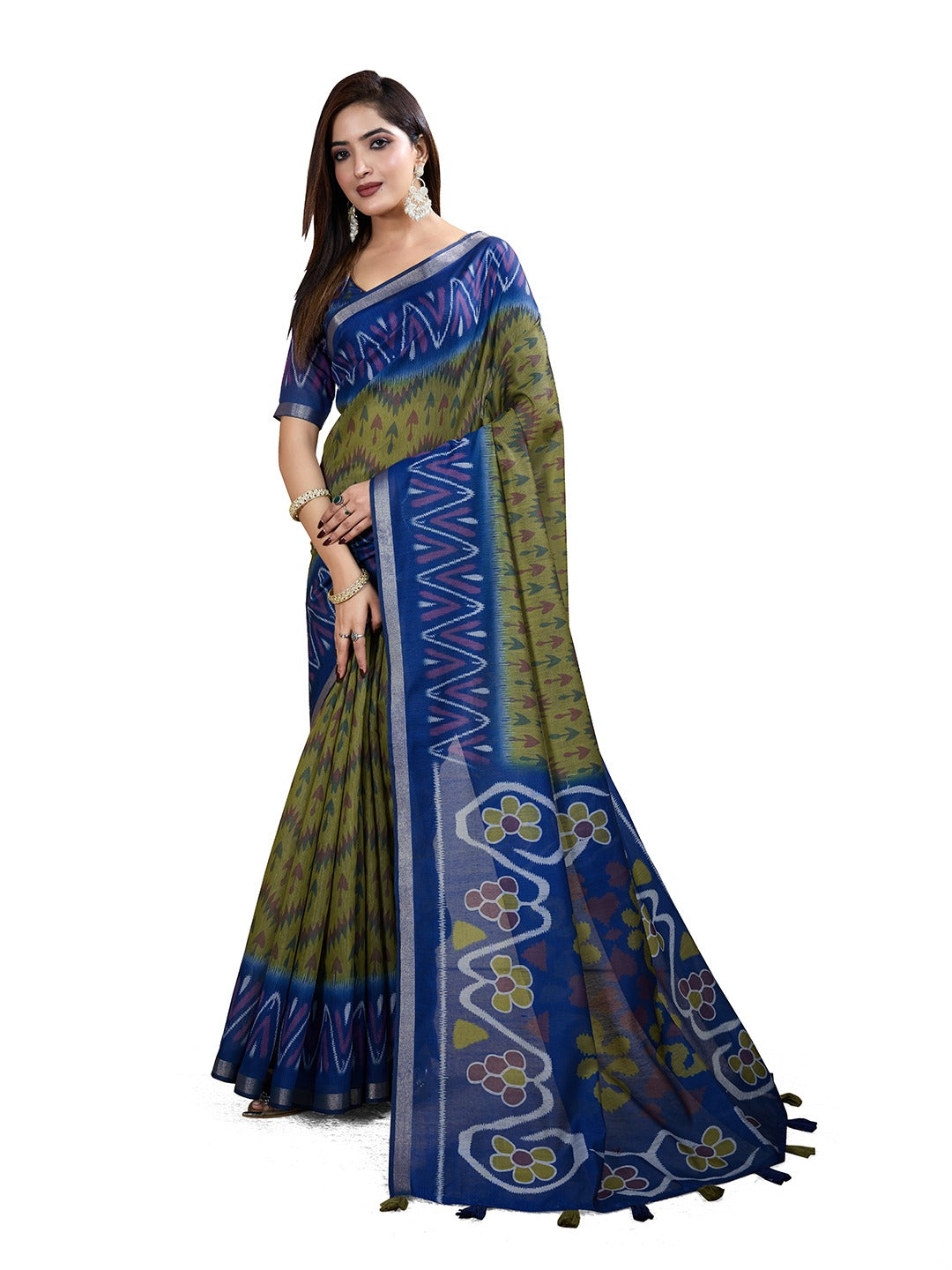 Olive Green & Blue Ikat Printed Chanderi Saree