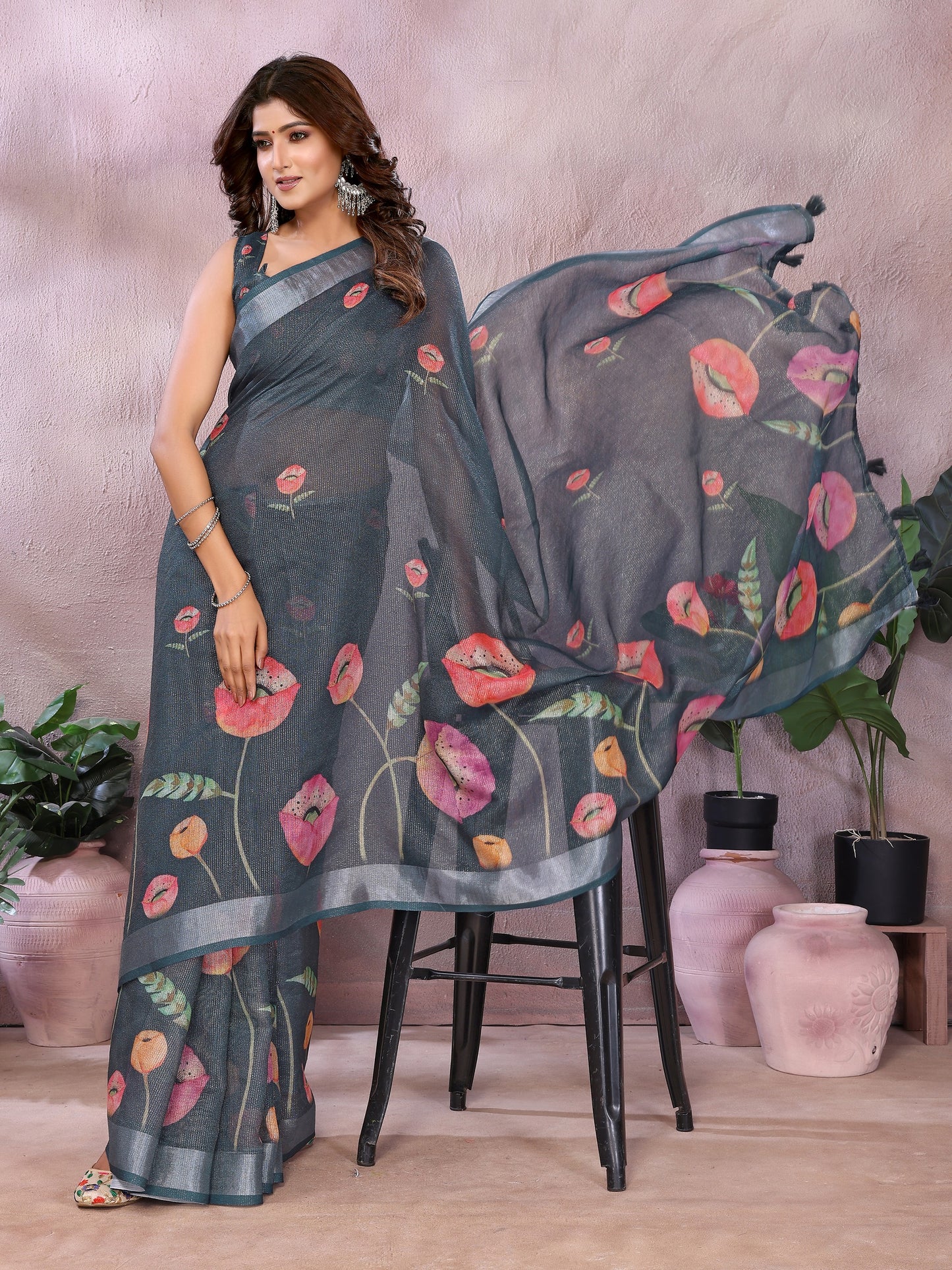 Grey Floral Linen Shimmer Saree