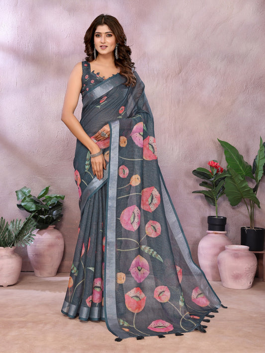 Grey Floral Linen Shimmer Saree