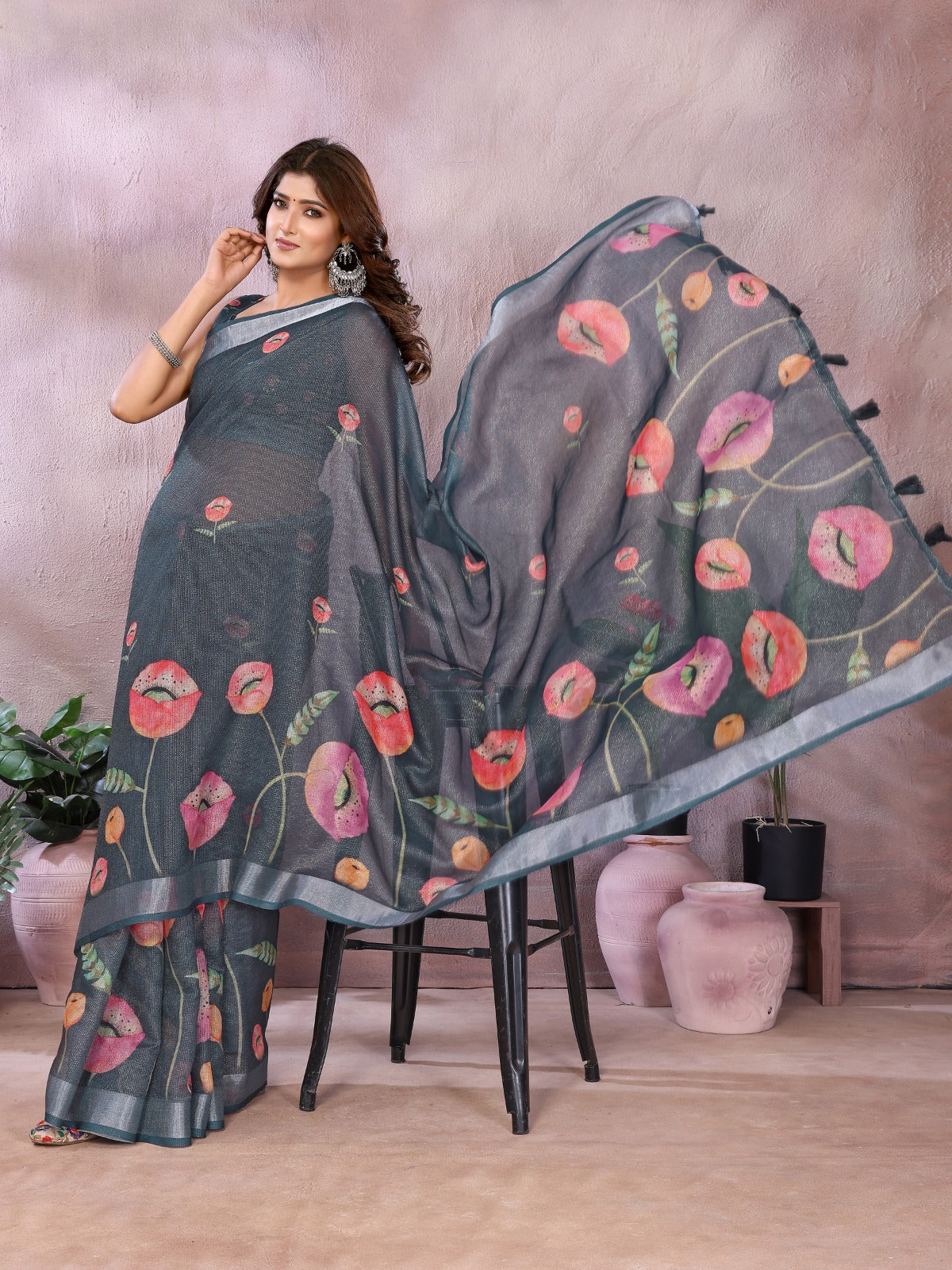 Grey Floral Linen Shimmer Saree