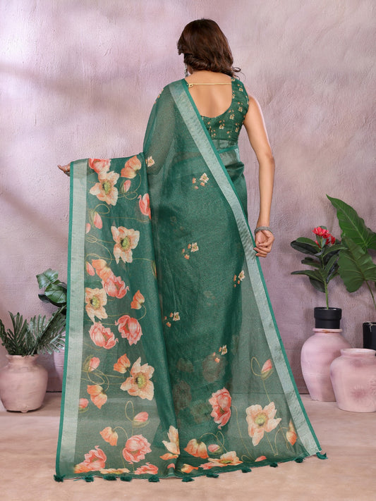 Green Floral Linen Shimmer Saree