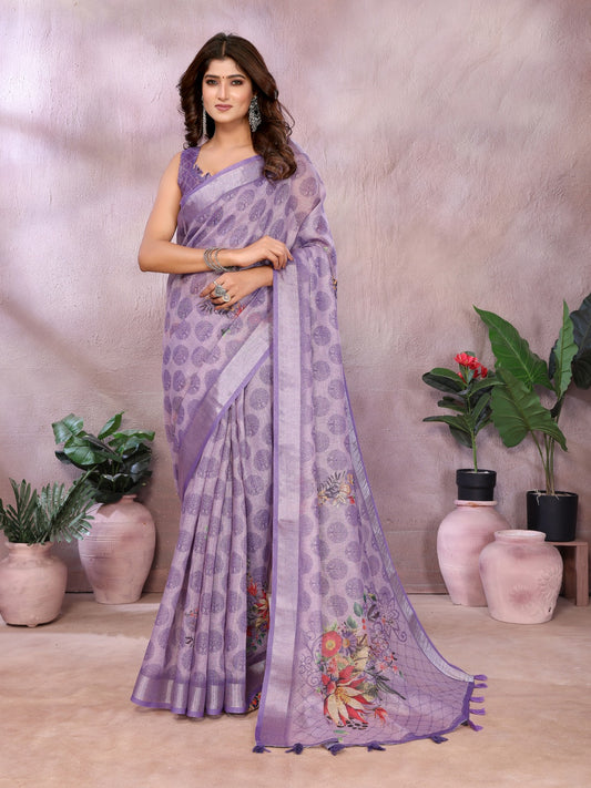 Lavender Floral Linen Shimmer Saree