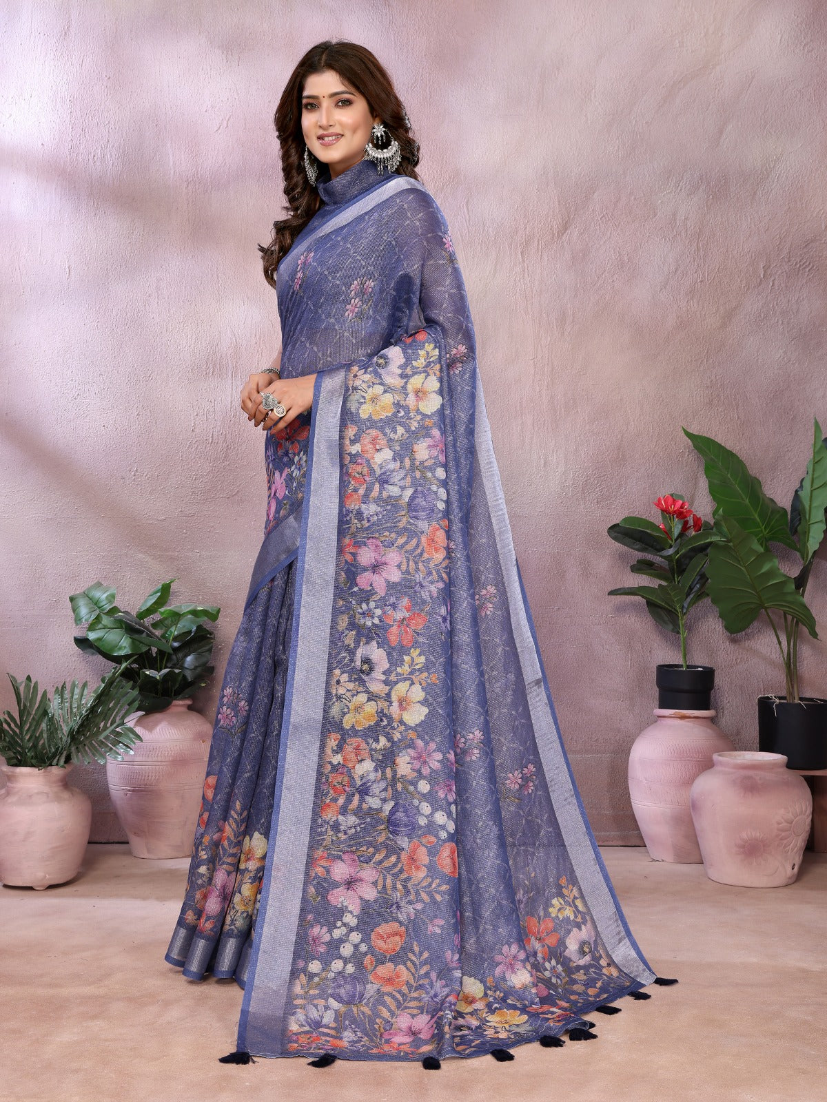 Navy Blue Floral Linen Shimmer Saree