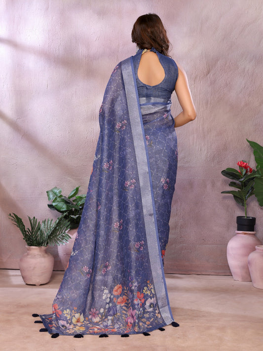 Navy Blue Floral Linen Shimmer Saree
