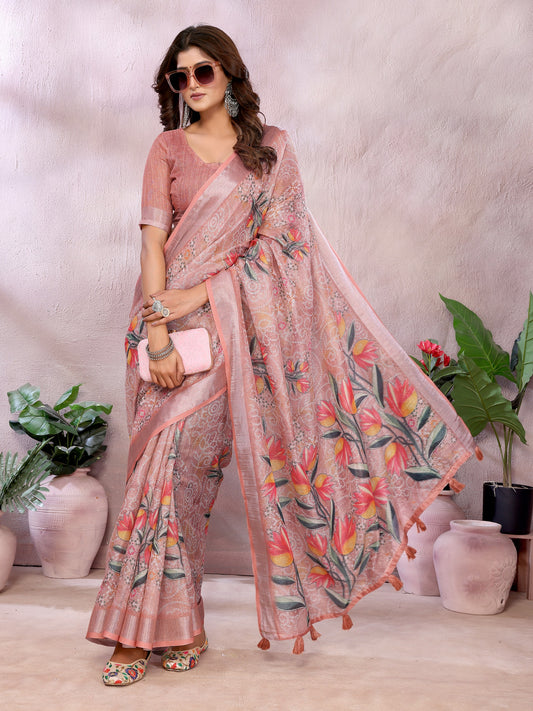 Peach Floral Print Linen Shimmer Saree