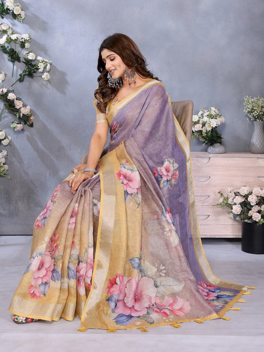 Yellow & Lavender Floral Print Linen Shimmer Saree