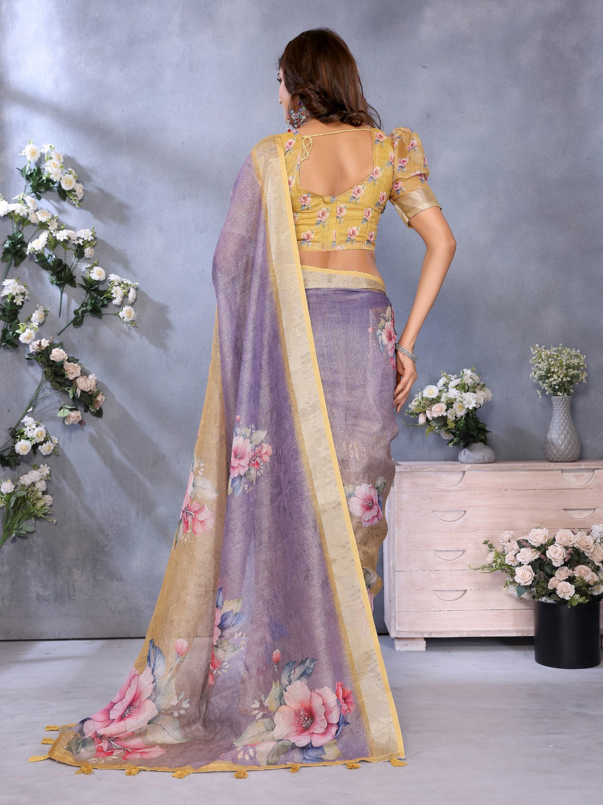 Yellow & Lavender Floral Print Linen Shimmer Saree