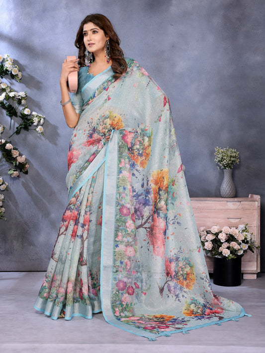 Sky Blue Multicolor Floral Print Linen Shimmer Saree