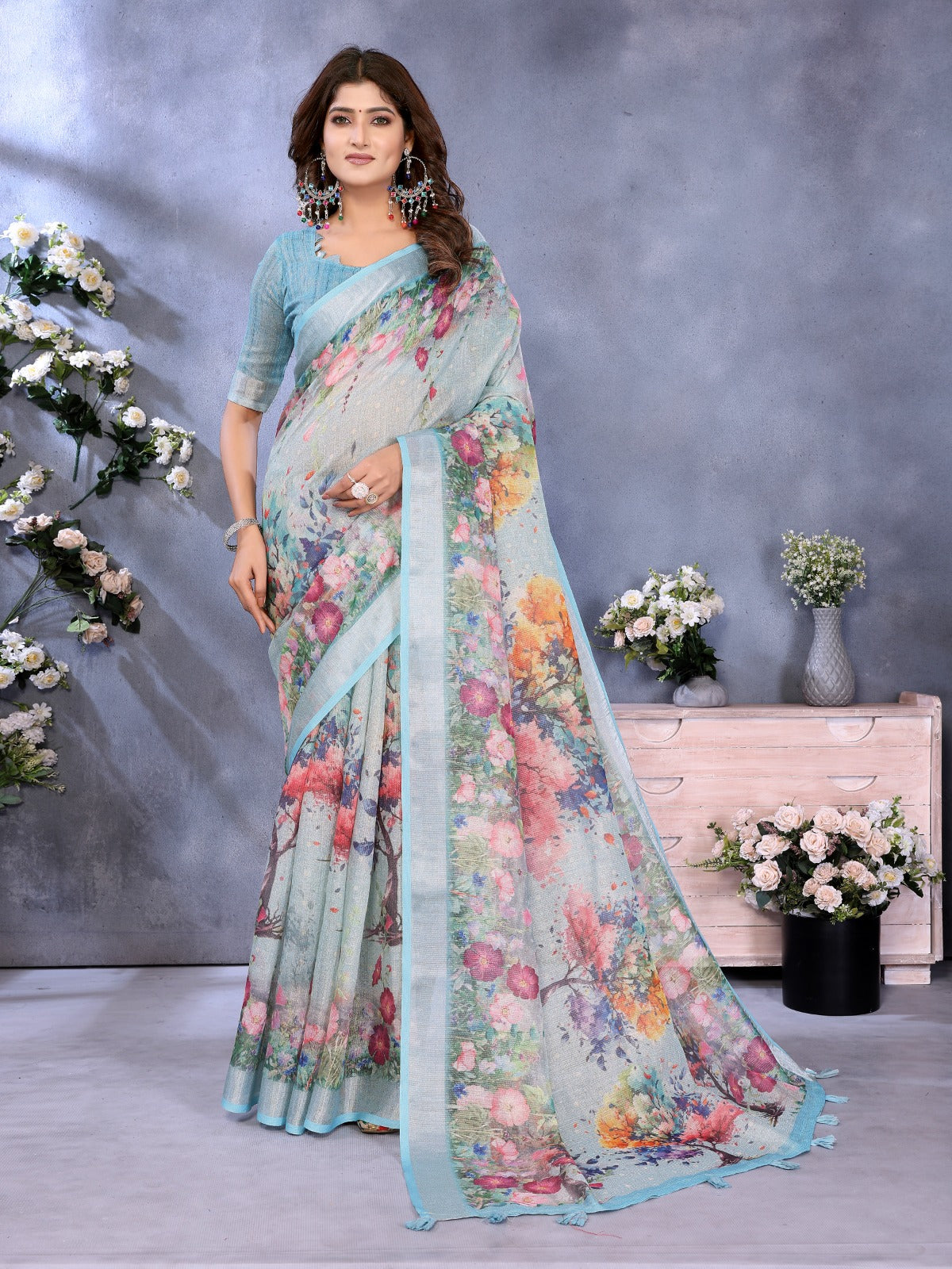 Sky Blue Multicolor Floral Print Linen Shimmer Saree