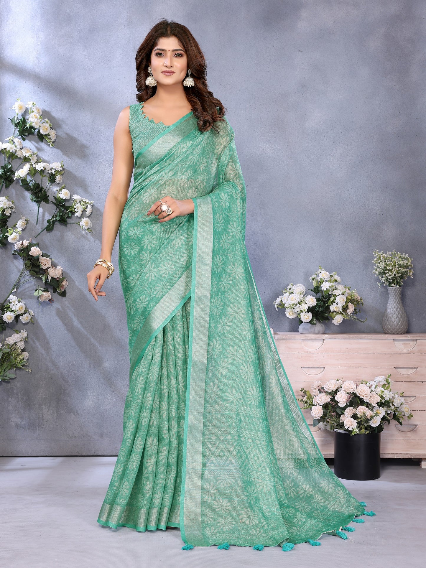 Sea Green Woven Pattern Saree
