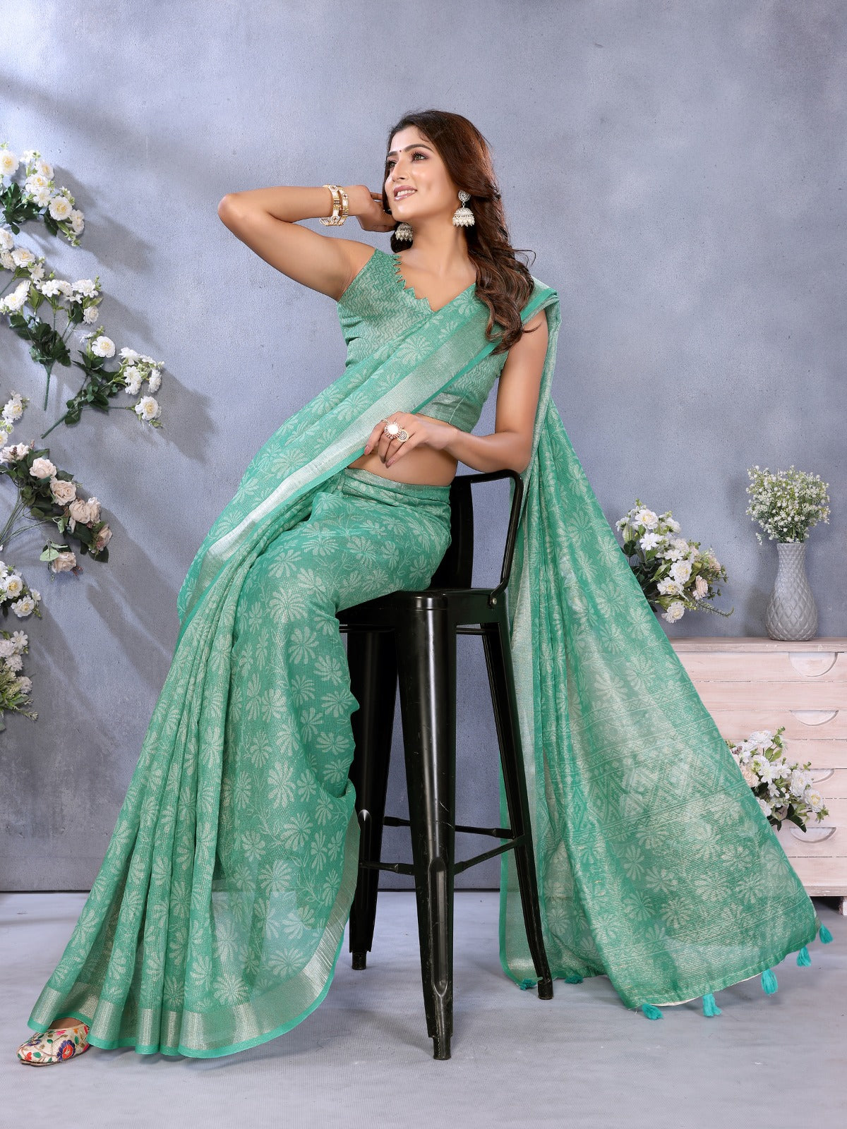 Sea Green Woven Pattern Saree