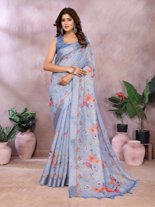 Sky Blue Floral Printed Saree