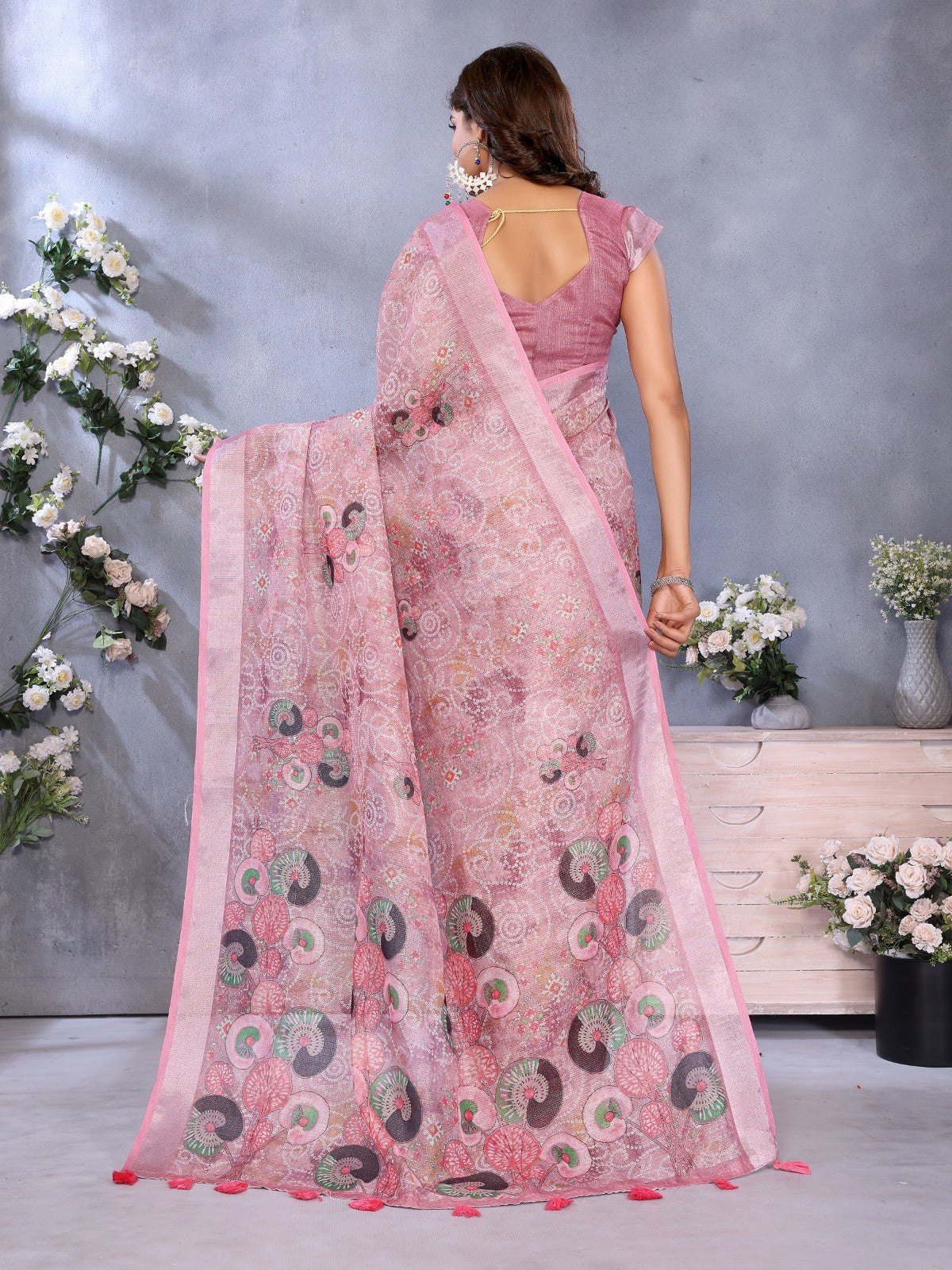 Rose Pink Ethnic Printed Saree