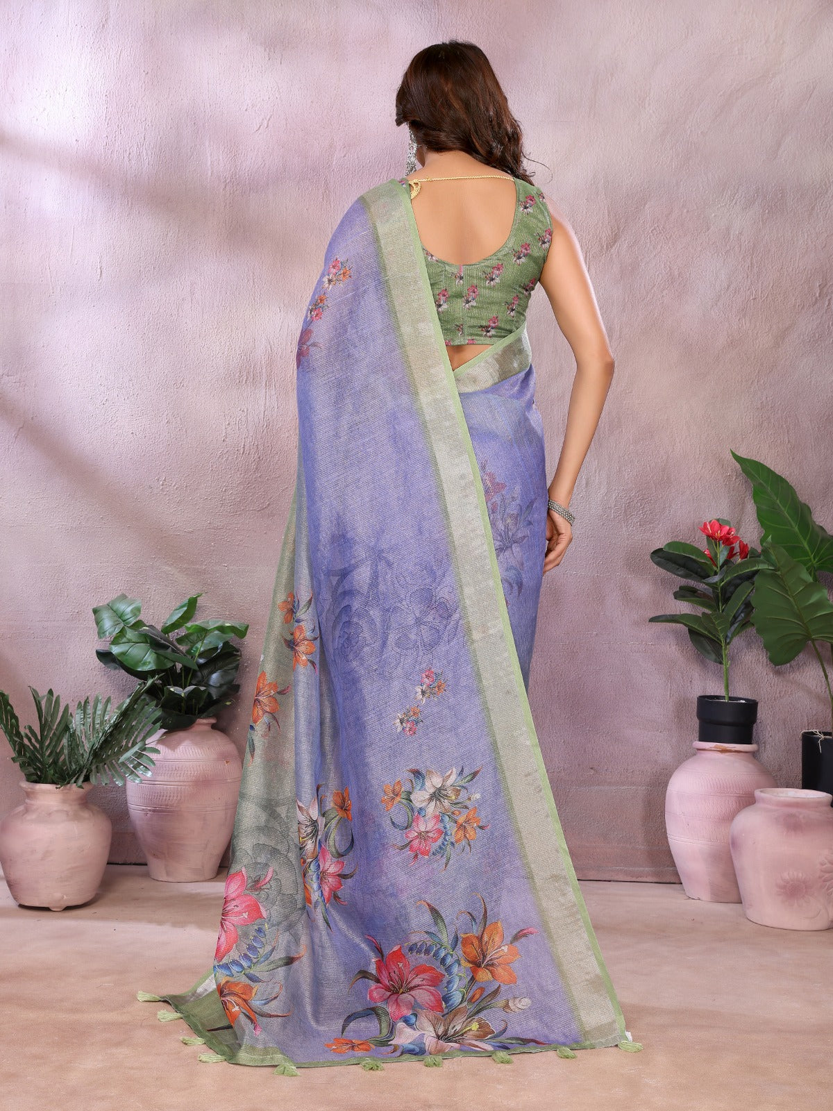 Lavender Green Floral Printed Saree