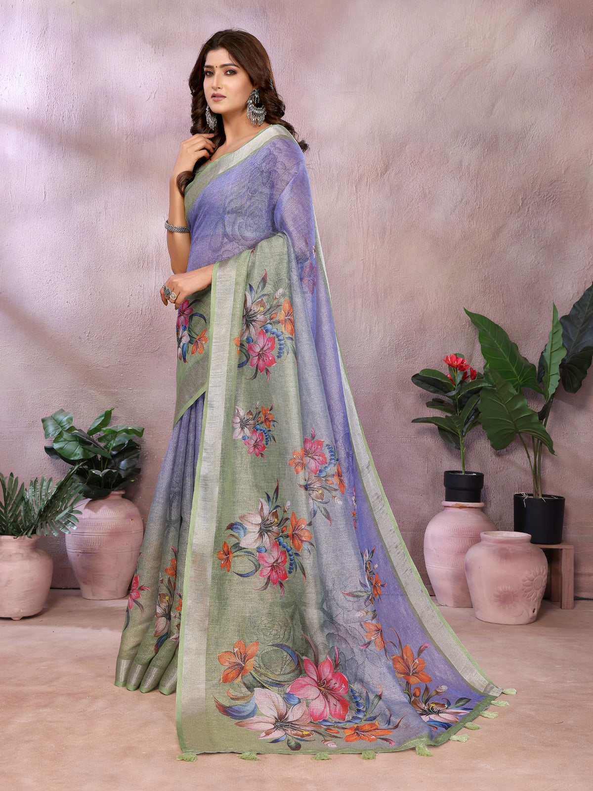 Lavender Green Floral Printed Saree