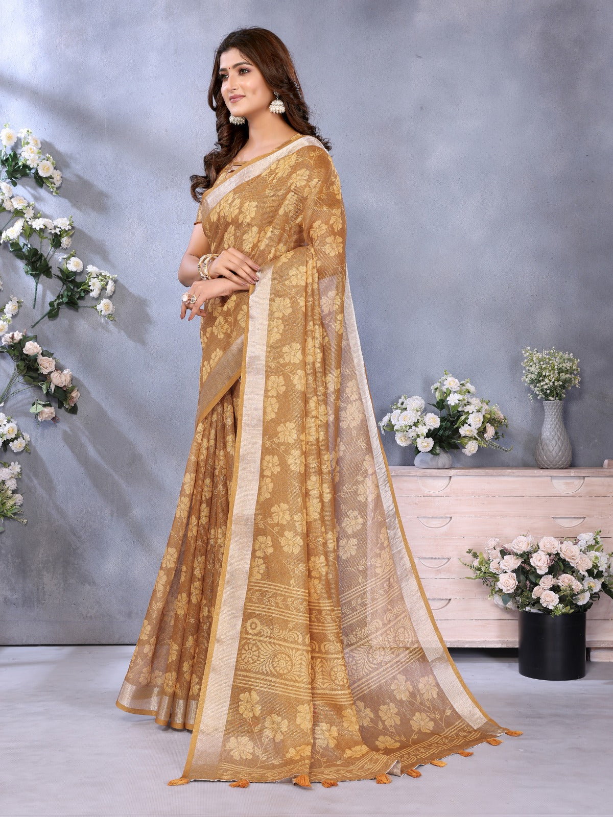 Golden Floral Woven Saree