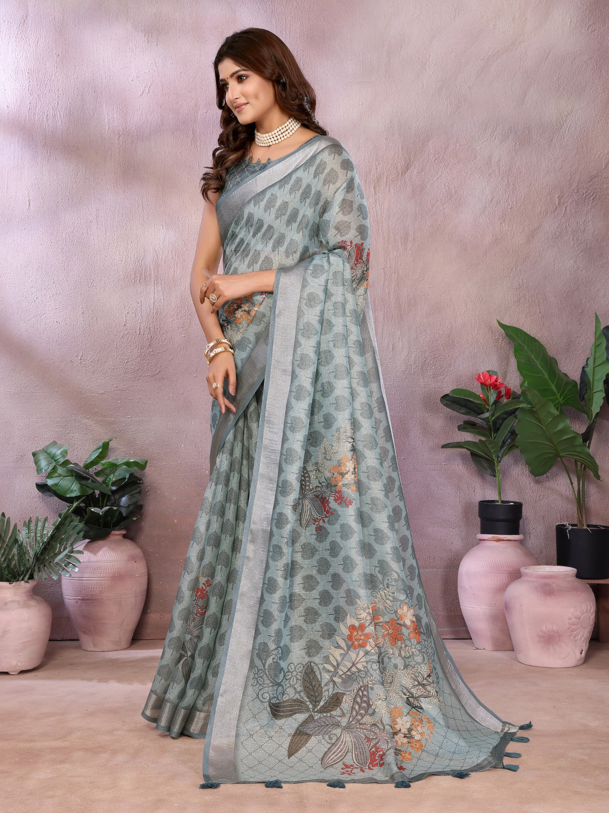Greyish Blue Woven Floral Saree