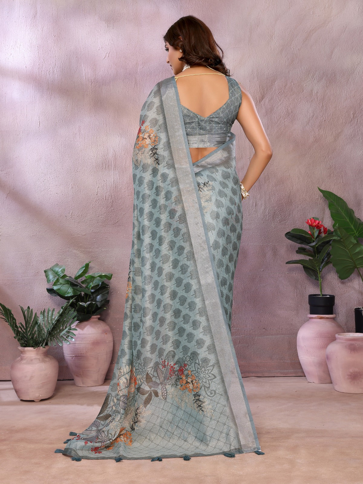 Greyish Blue Woven Floral Saree