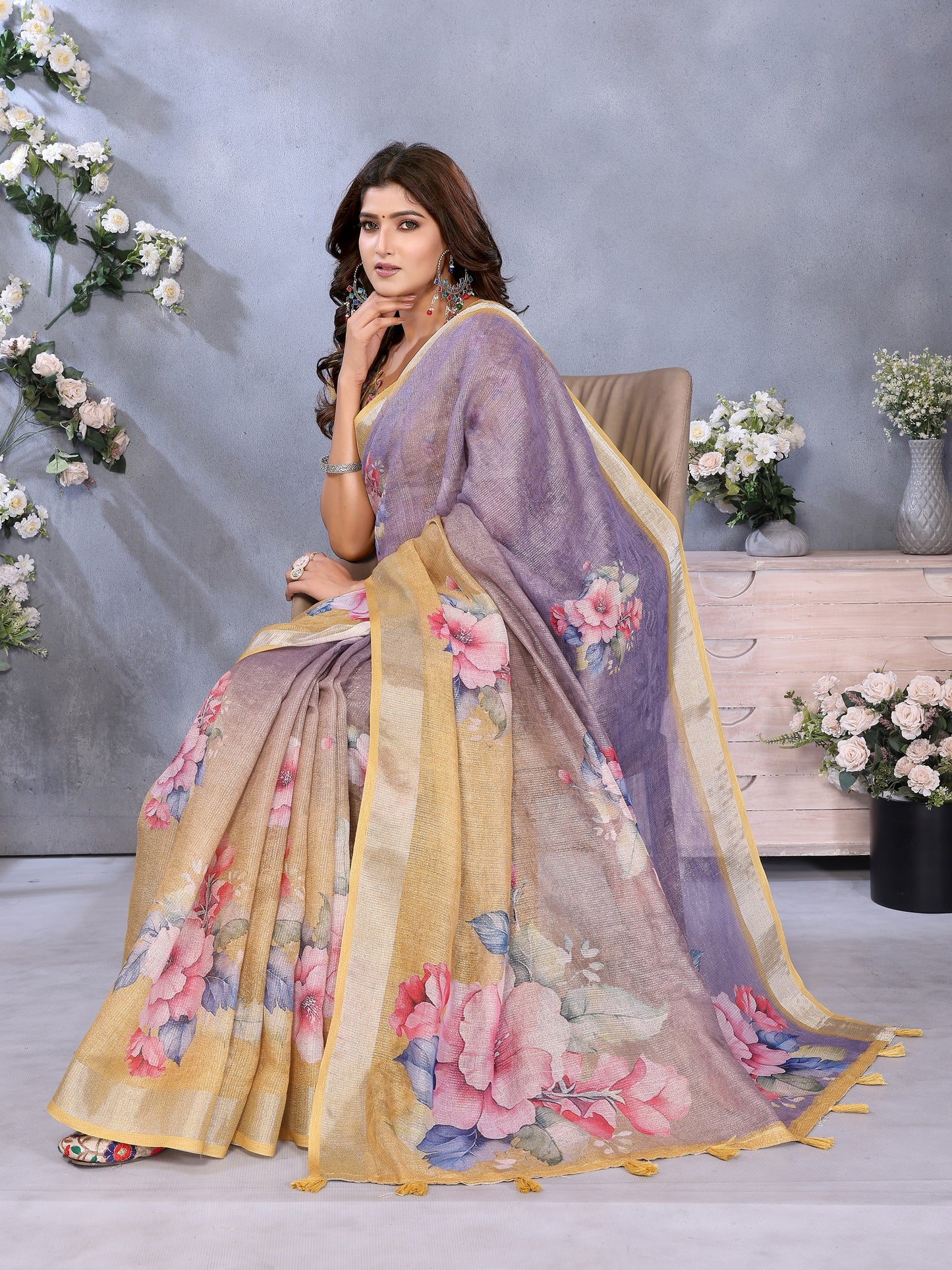 Lavender Yellow Floral Printed Saree
