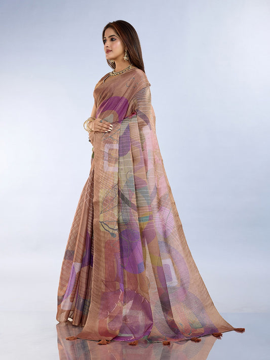 Brown Abstract Printed Saree