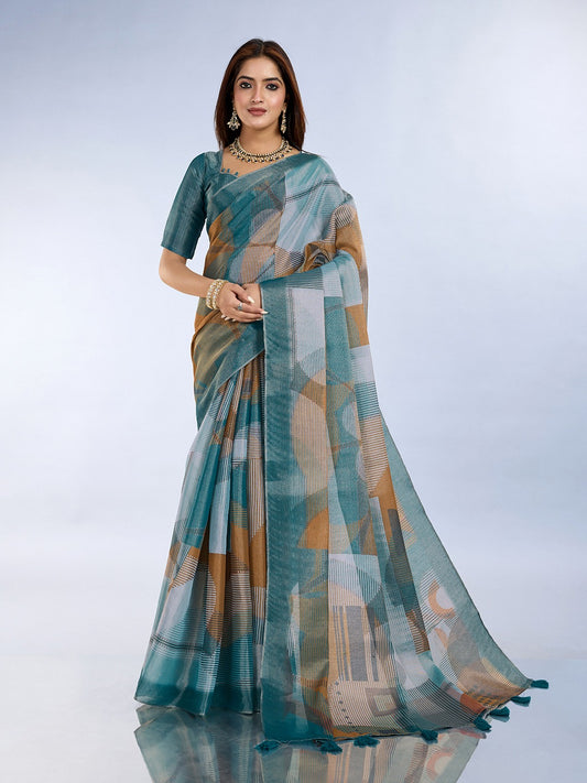 Teal Geometric Printed Saree