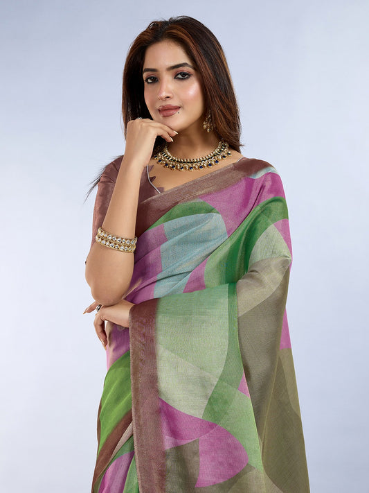 Green & Pink Abstract Printed Saree