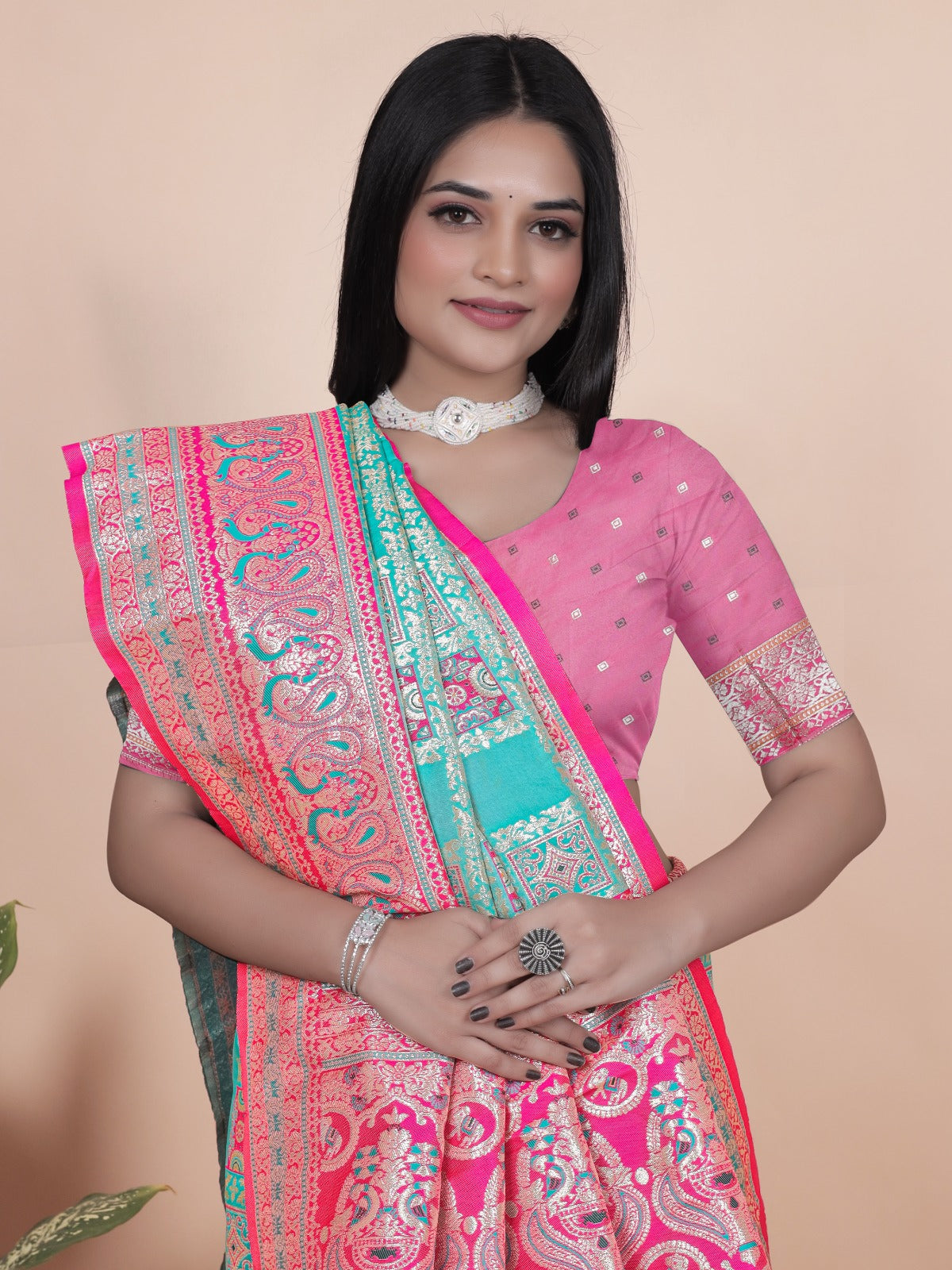 Turquoise & Pink Banarasi Silk Saree with Silver Zari Elegance