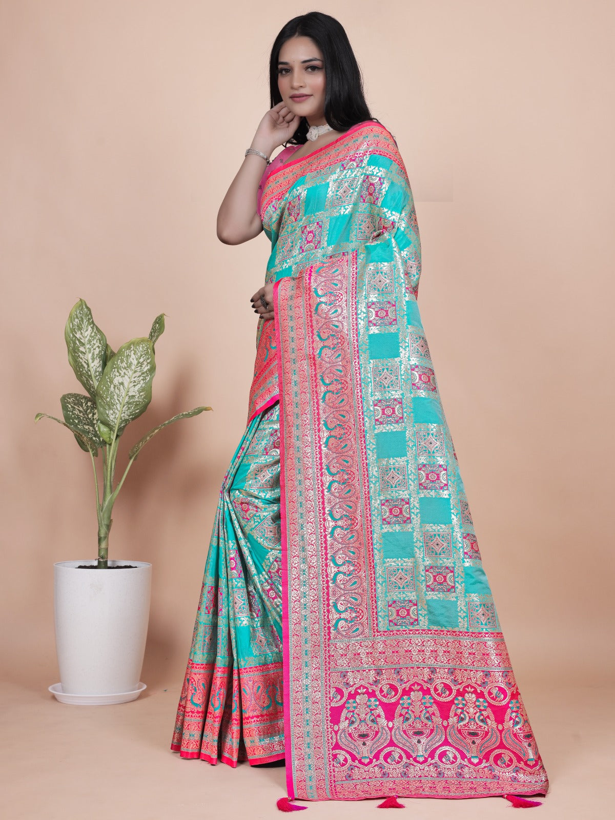 Turquoise & Pink Banarasi Silk Saree with Silver Zari Elegance