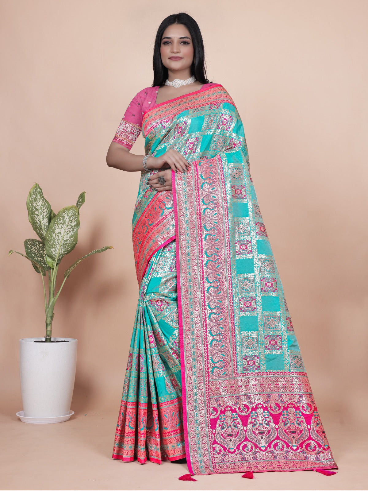 Turquoise & Pink Banarasi Silk Saree with Silver Zari Elegance