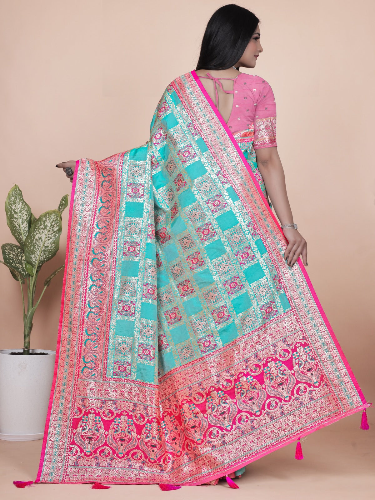 Turquoise & Pink Banarasi Silk Saree with Silver Zari Elegance