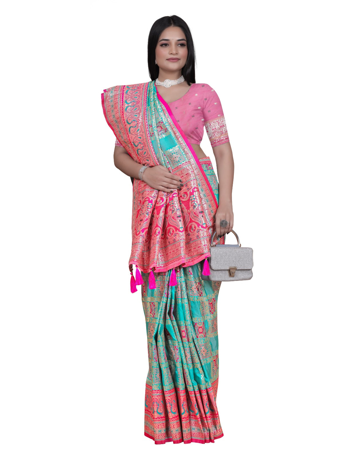 Turquoise & Pink Banarasi Silk Saree with Silver Zari Elegance