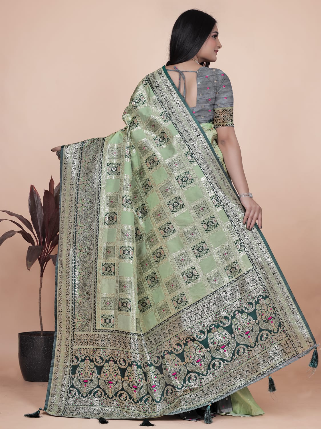 Mint Green Banarasi Silk Saree with Silver & Emerald Zari Weaving