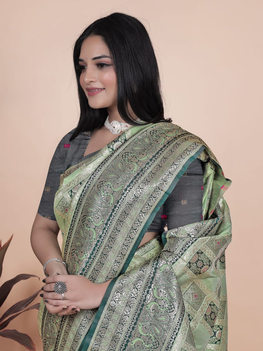 Mint Green Banarasi Silk Saree with Silver & Emerald Zari Weaving