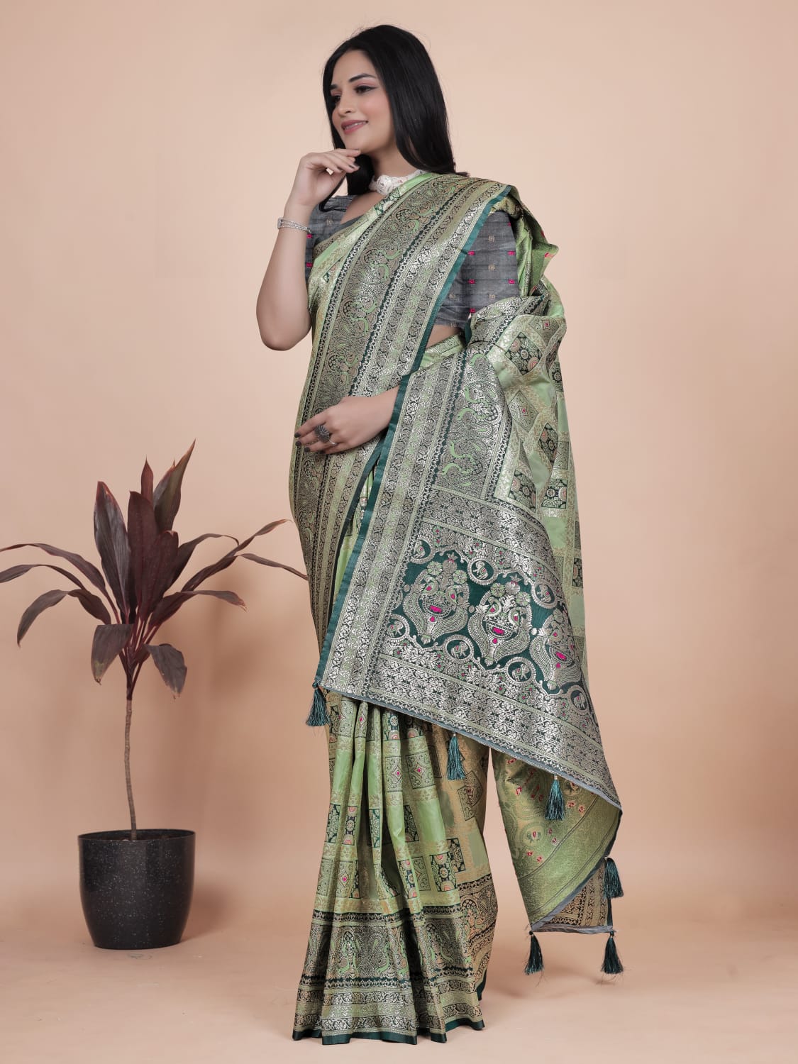 Mint Green Banarasi Silk Saree with Silver & Emerald Zari Weaving