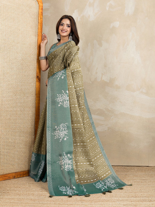 Olive Green Ethnic Printed Erode Anmol Silk Saree