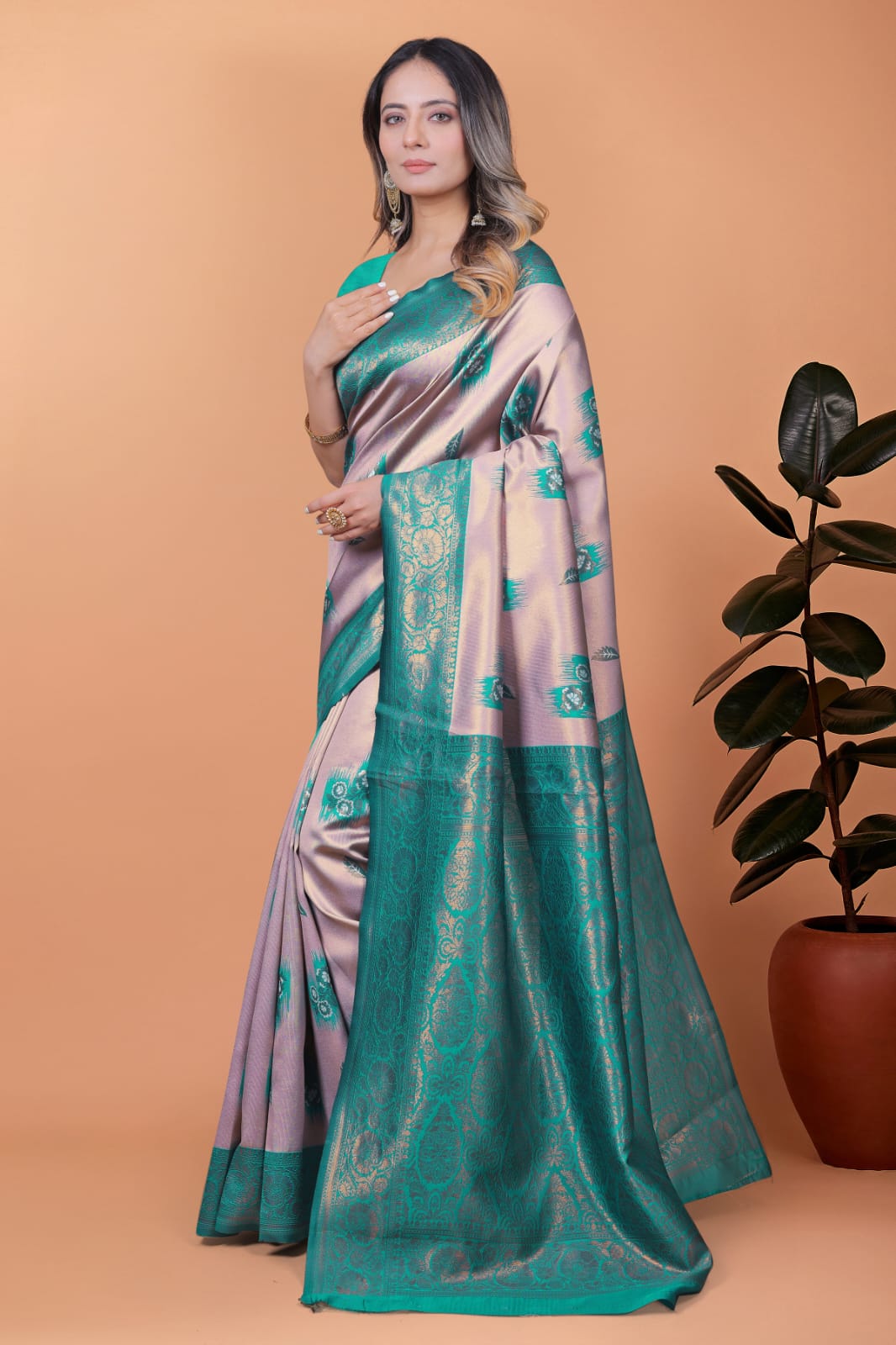Light Pink & Green Banarasi Silk Saree