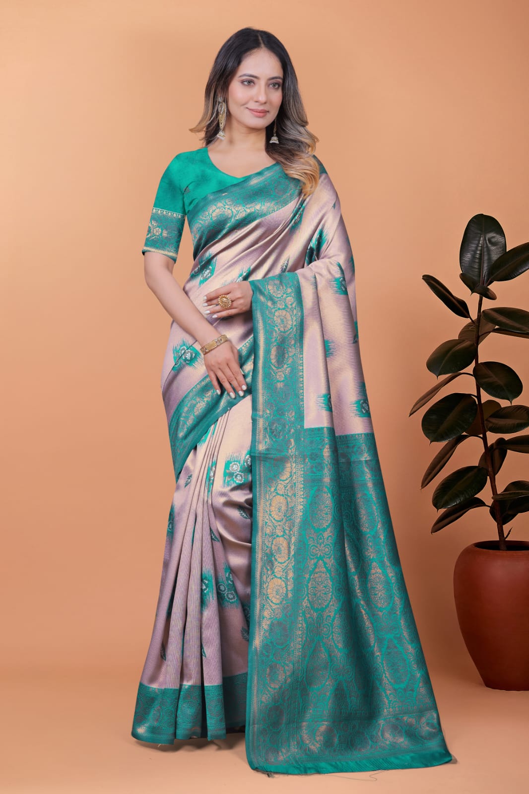 Light Pink & Green Banarasi Silk Saree