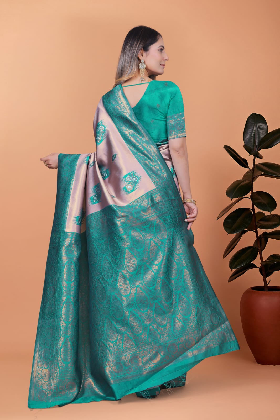 Light Pink & Green Banarasi Silk Saree
