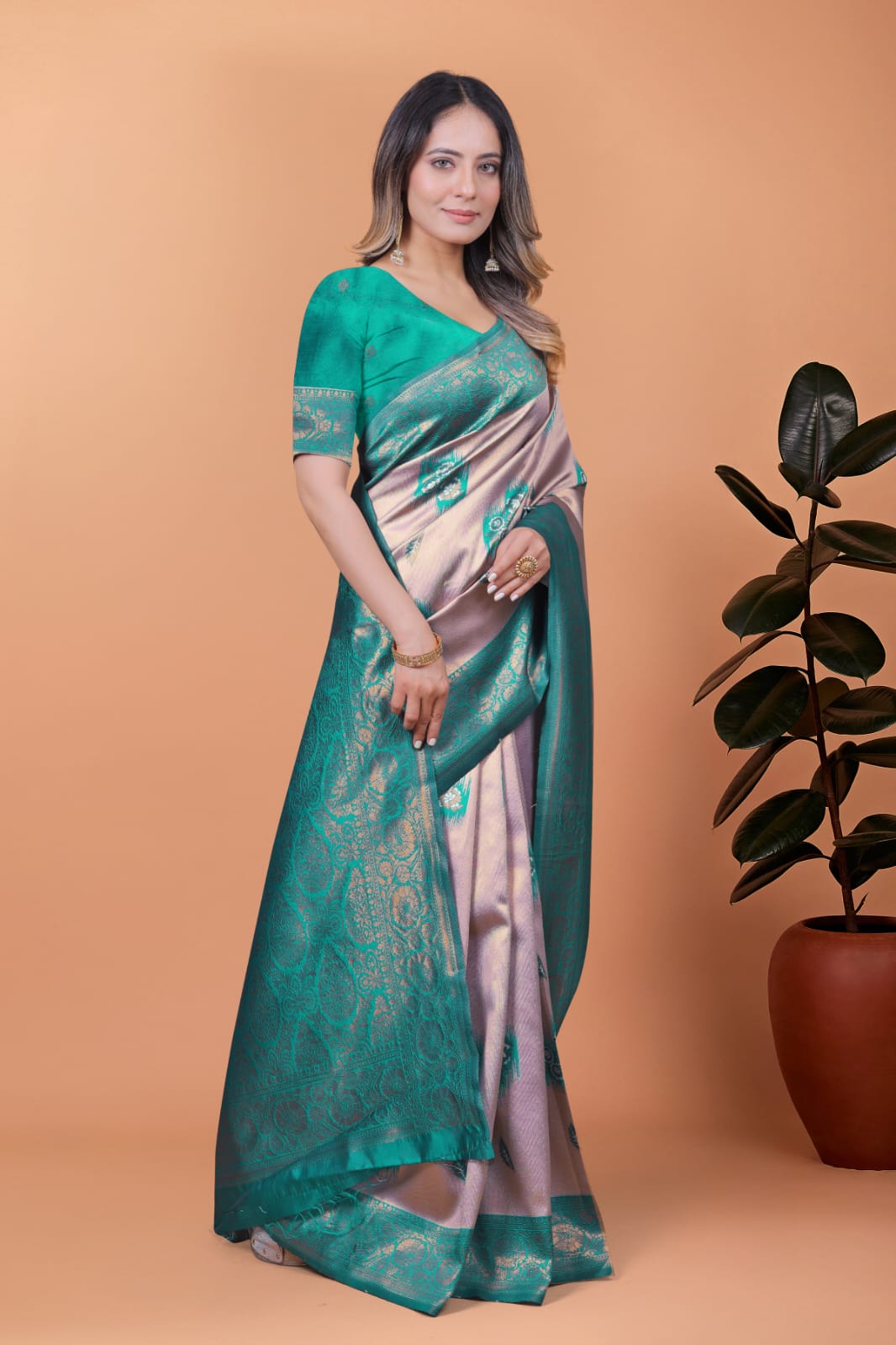 Light Pink & Green Banarasi Silk Saree