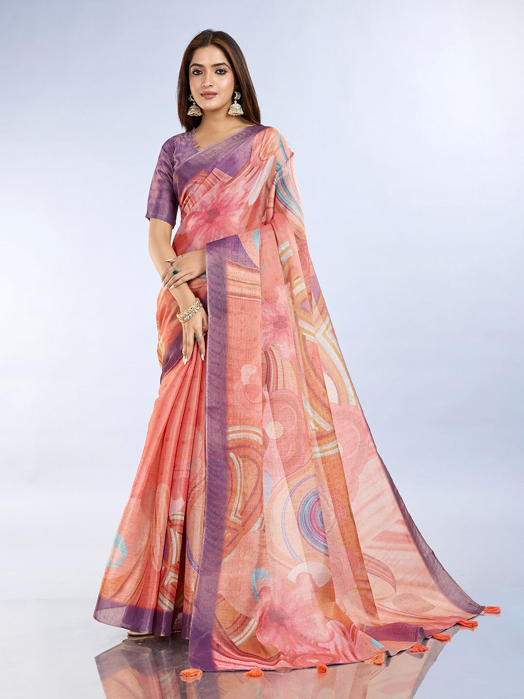 Coral & Lavender Abstract Erode Anmol Silk Saree