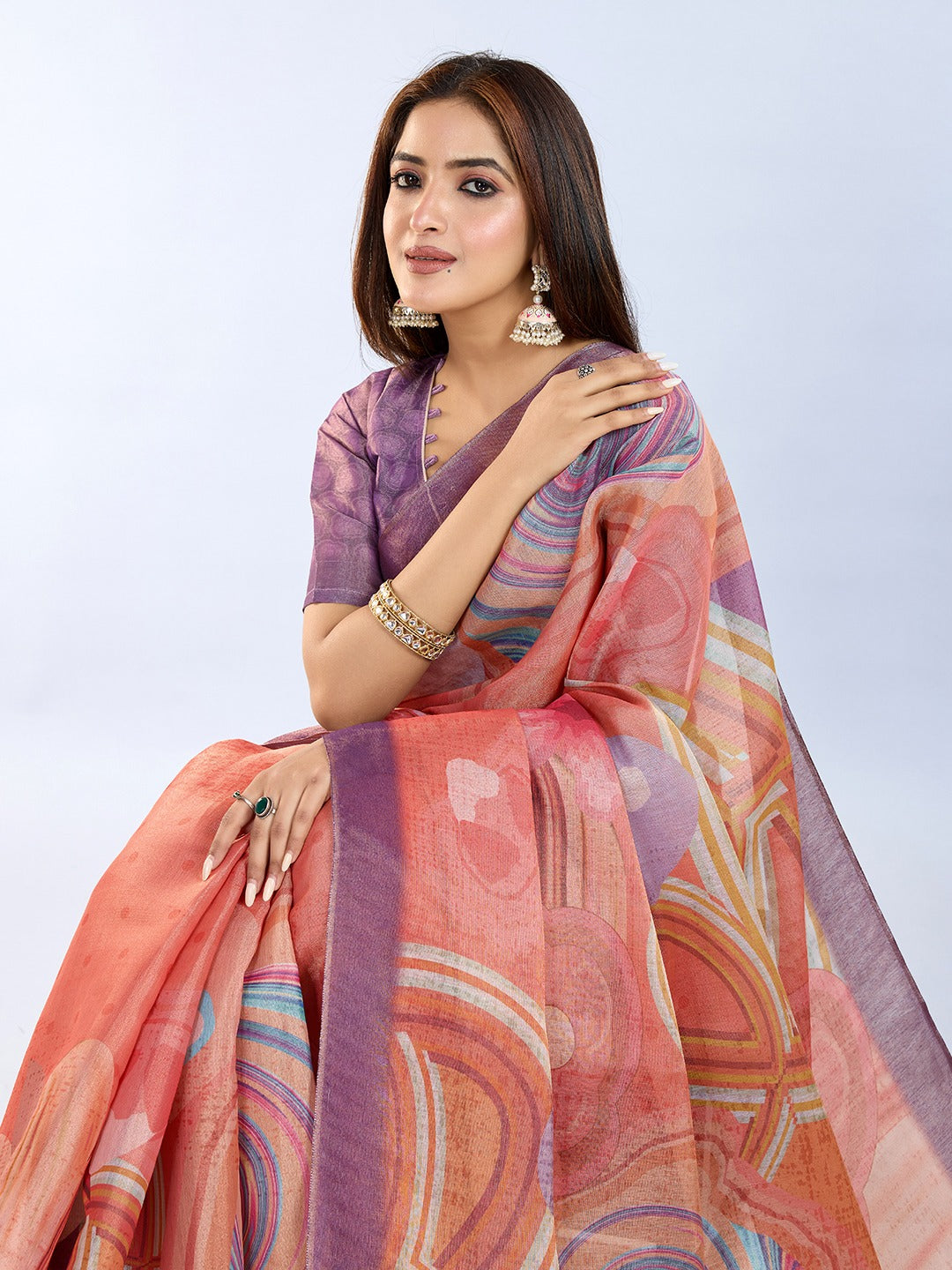 Coral & Lavender Abstract Erode Anmol Silk Saree
