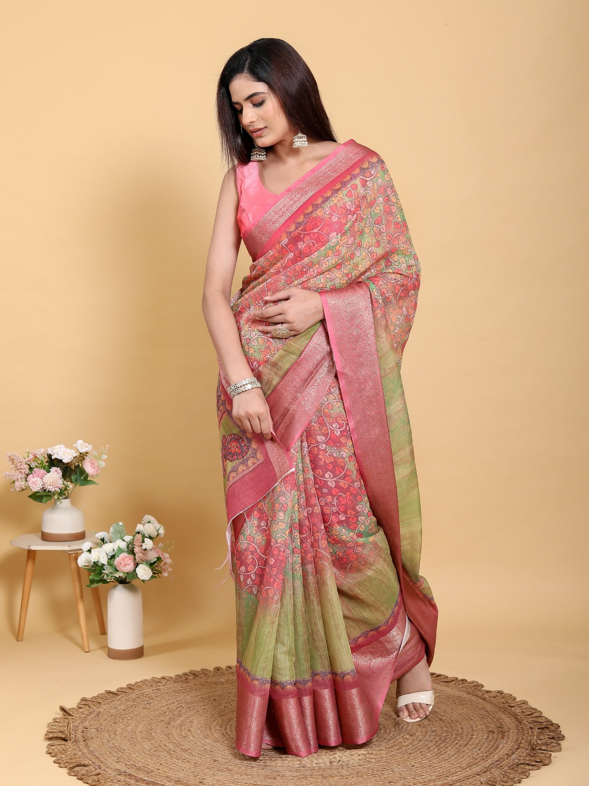 Elegant Pink-Green Jacquard Linen Cotton Saree