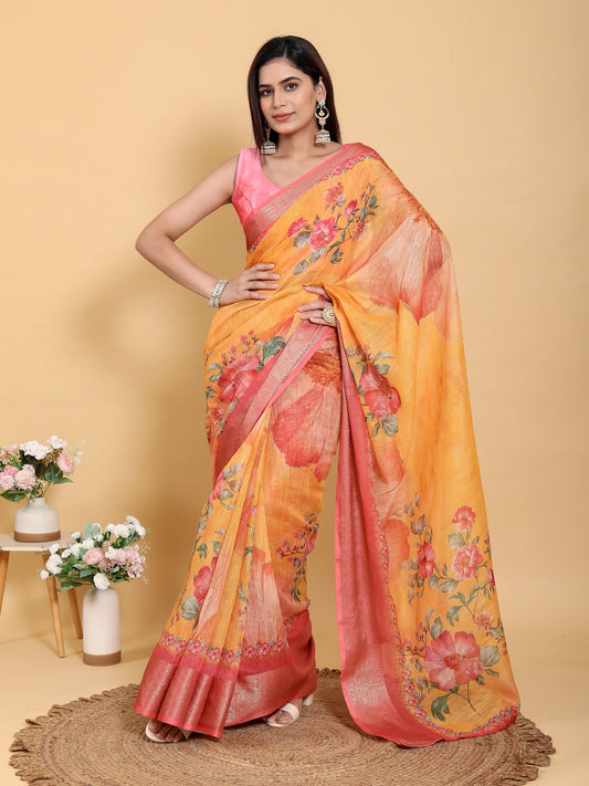 Vibrant Sunshine Yellow Floral Print Linen Cotton Saree