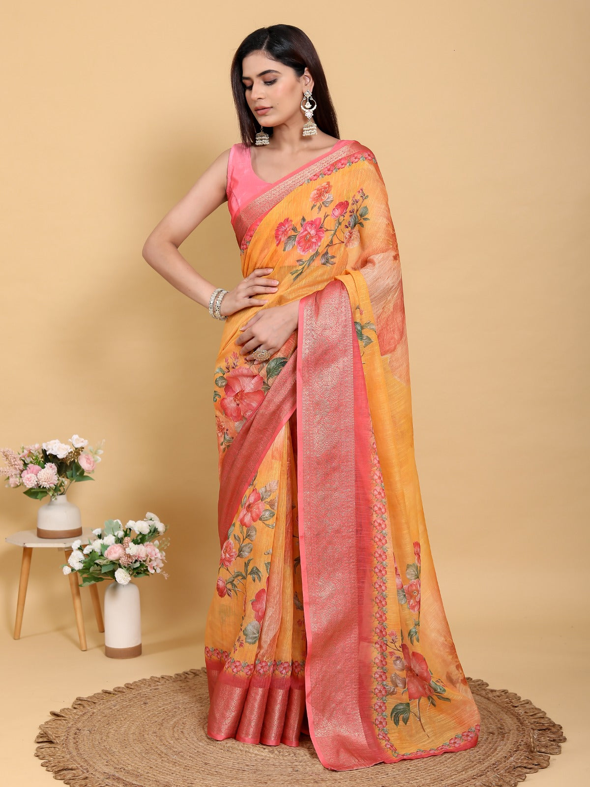 Vibrant Sunshine Yellow Floral Print Linen Cotton Saree