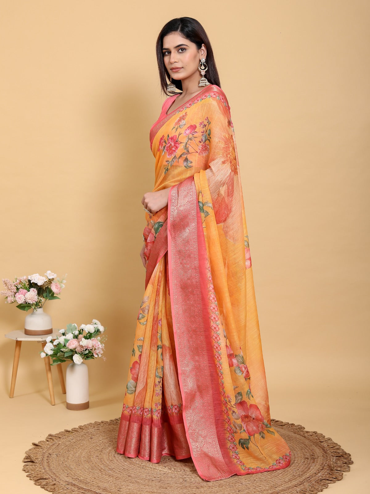Vibrant Sunshine Yellow Floral Print Linen Cotton Saree